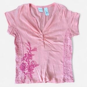 VTG Y2K Liz Claiborne Cotton Shirt Peach/Pink W/Floral Detail Sz Large Women’s